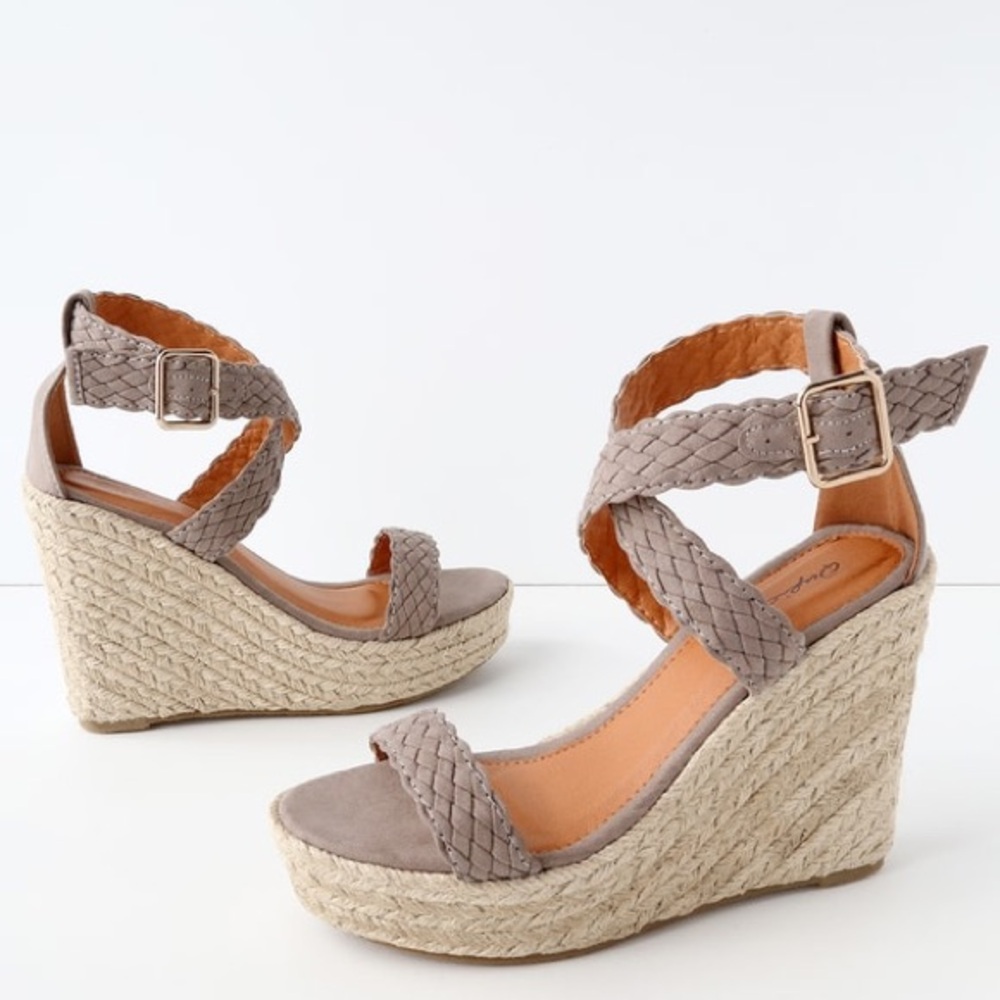 Qupid Tan Espadrille Wedge Sandals with Ankle Strap